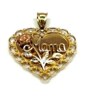14K Yellow Gold Heart with Rose Pendant "Siempre en mi Corazon"